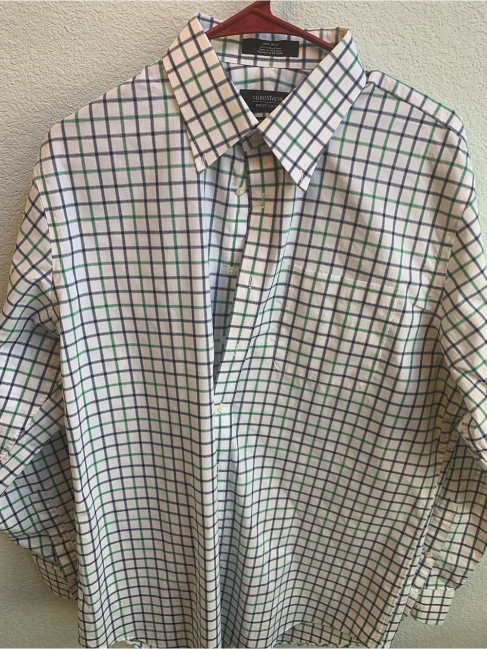 Nordstrom Men’s White Button-Down Shirt with Blue & Green Windowpane Plaid